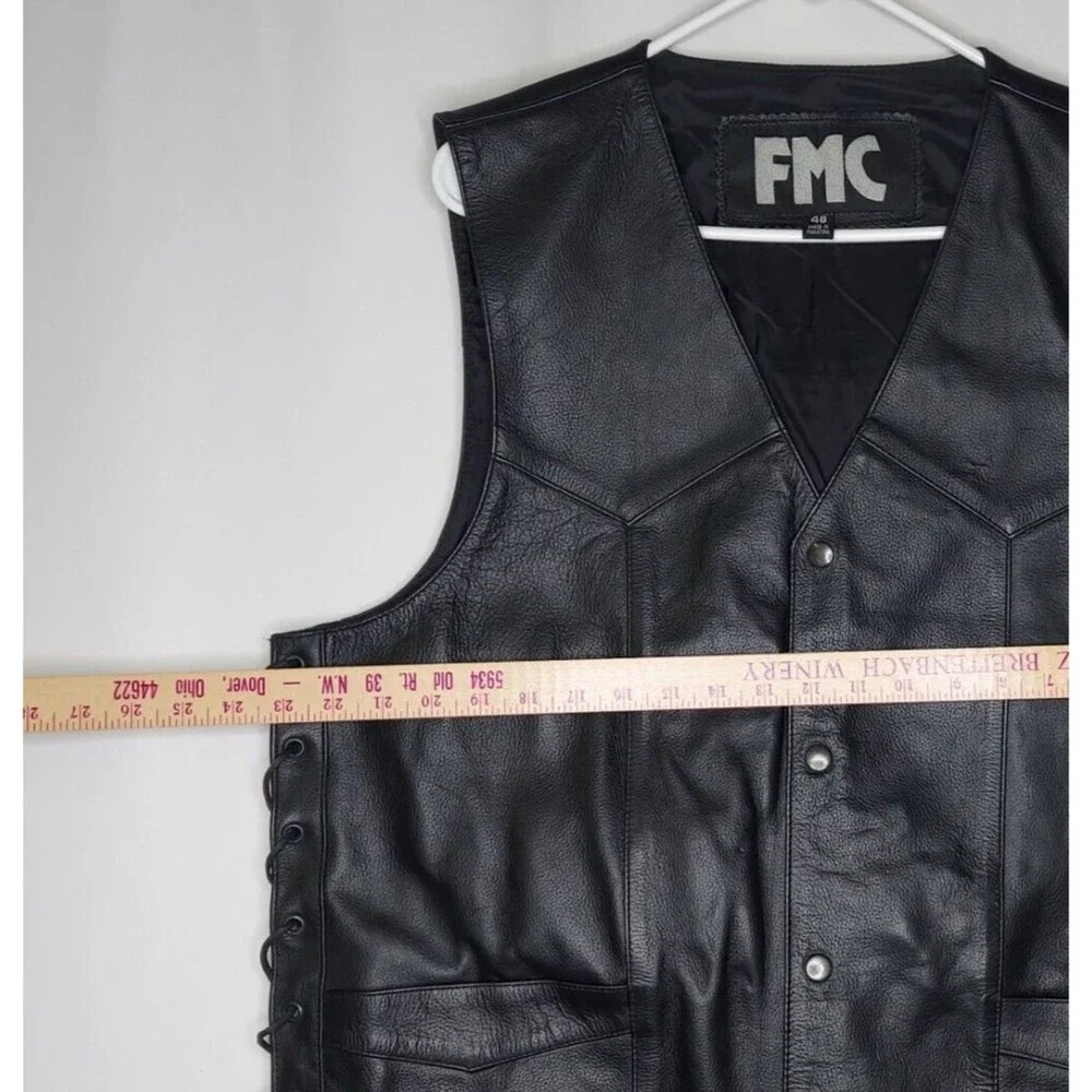 FMC Mens Leather Vest 46 Black Side Laced Grommet Snap Front V-Neck Pockets - Picture 6 of 9